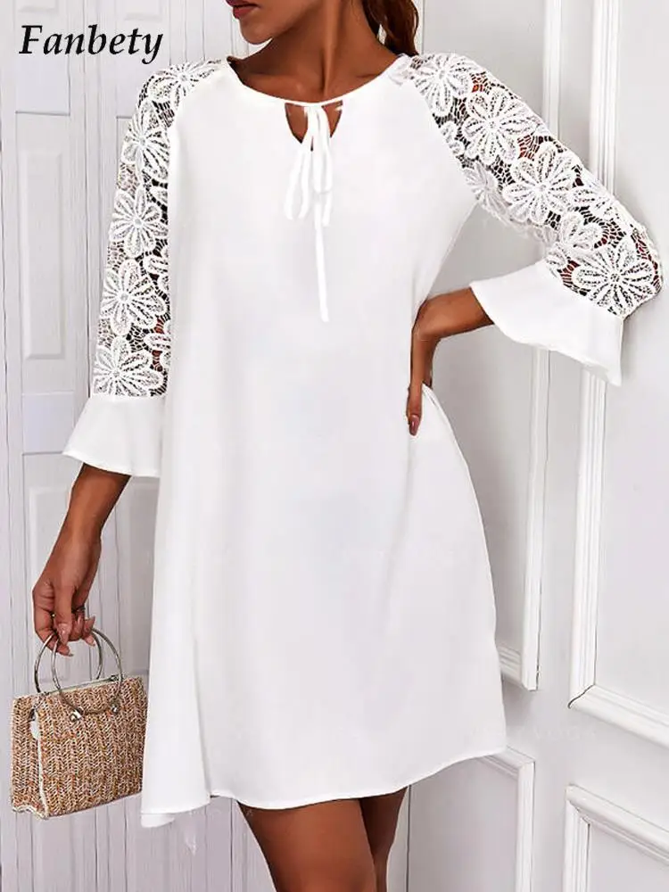 

Женское элегантное лоскутное платье с цветочным кружевом, вечернее платье 2022, весеннее повседневное мини-платье с круглым вырезом, летнее м...