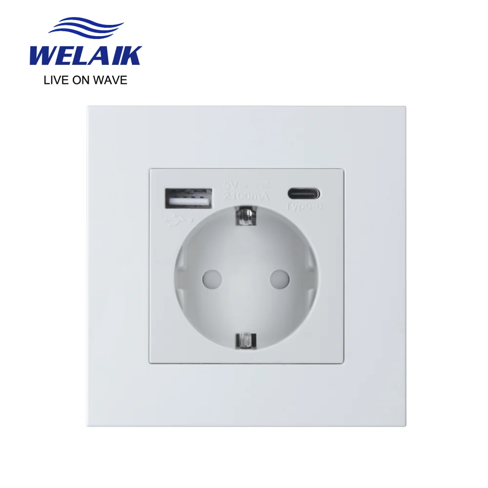 Пластиковая панель для ПК WELAIK 86*86 мм, европейская настенная розетка USB Type-c, 2100 мА, C18EUS-C W