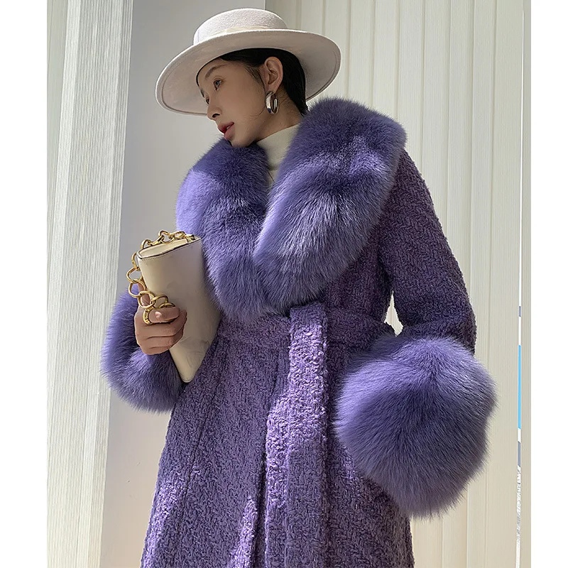 Whole Fur Fox Collar Tweed Coat Winter Long Lace-up Fur Jacket