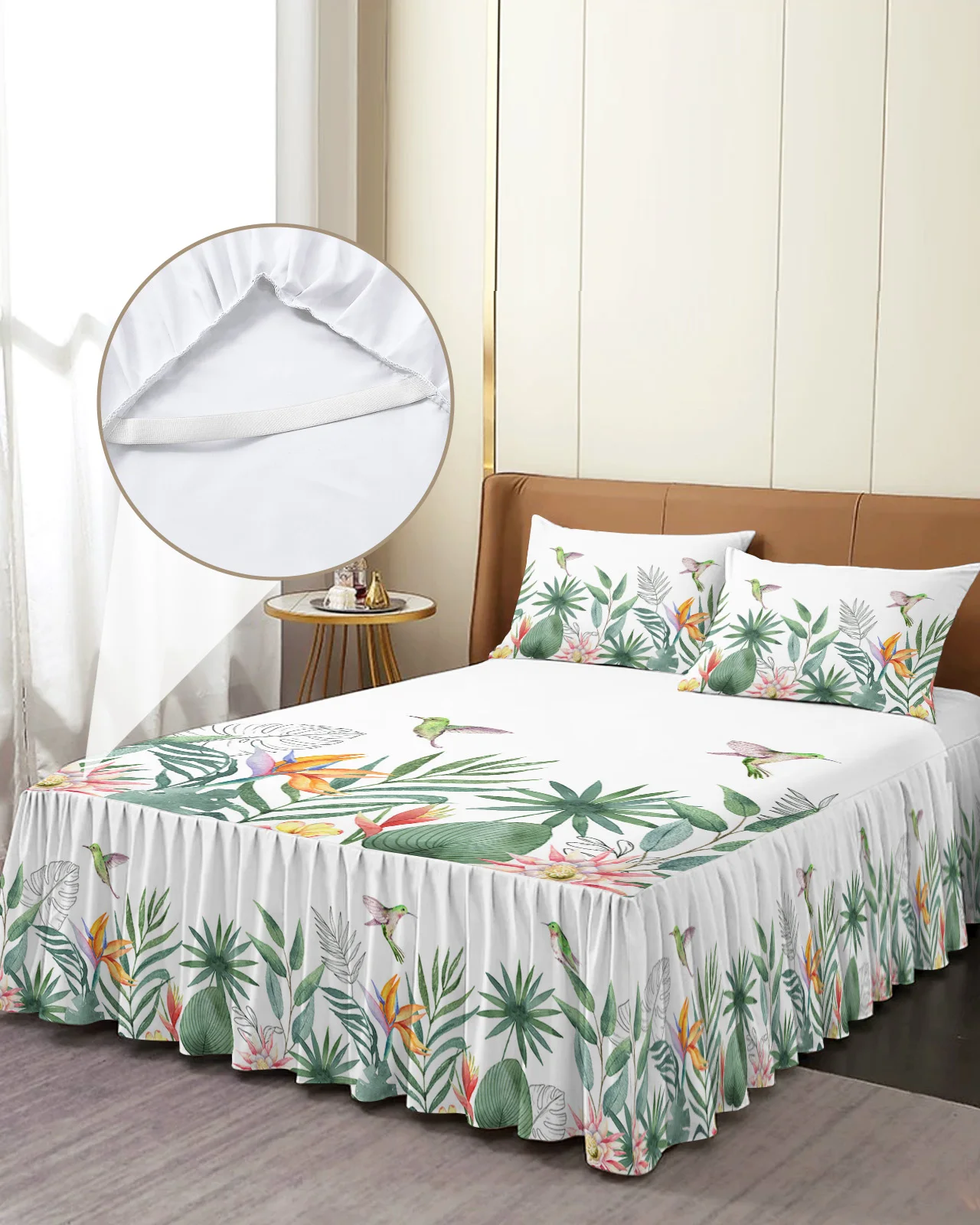 

Idyllic Tropical Plant Leaf Hummingbird Bed Skirt Elastic Fitted Bedspread With Pillowcases Mattress Cover Bedding Set Bed Sheet
