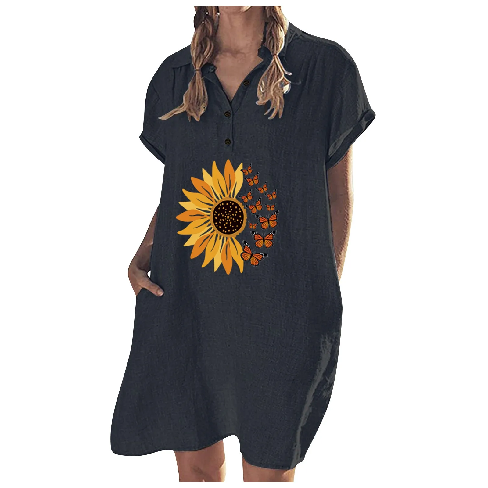 

2022 Vintage Women Short Sleeve Midi Dress Printed V Neck Summer Beach Casual Kaftan Pocket Cotton Linen Loose Dresses S-xxl