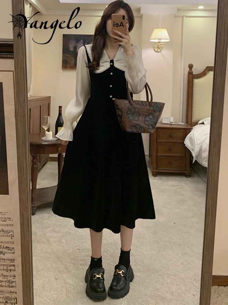 

Женское бархатное платье Yangelo в стиле ретро золотистого и черного цветов, зимнее Длинное Элегантное женское платье с длинным рукавом и воротником-бантом в японском академическом стиле