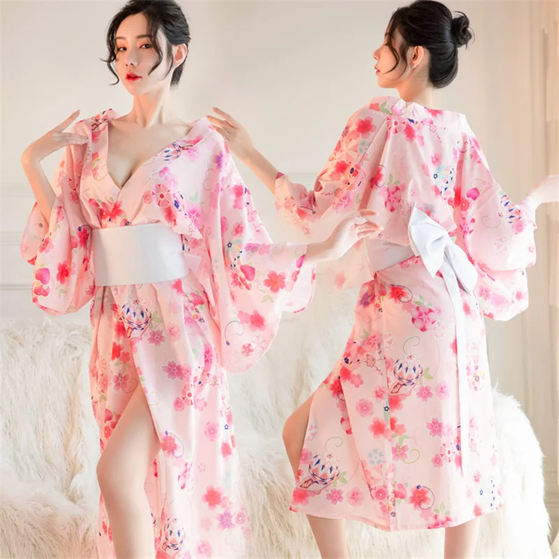 日本の着物,ピンク,白の弓,ウエストバンドとひも,セクシーなメイドのコスプレ衣装,女性のための新しいコレクション2022