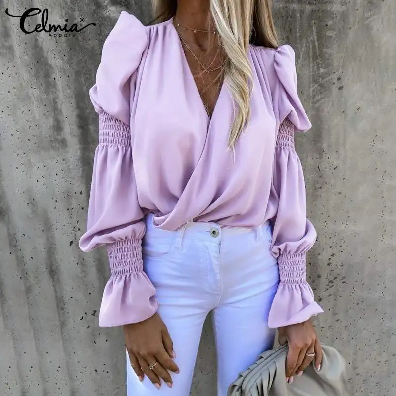 

Celmia Women Satin Silk Blouses 2022 New Fashion Solid Color Long Sleeves Shirts Sexy V Neck Cross Tops Casual Loose Work Blusas