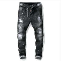autumn winter new european american style stitching mens slim stretch dsquared2 jeans black beggar pants hip hop jeans
