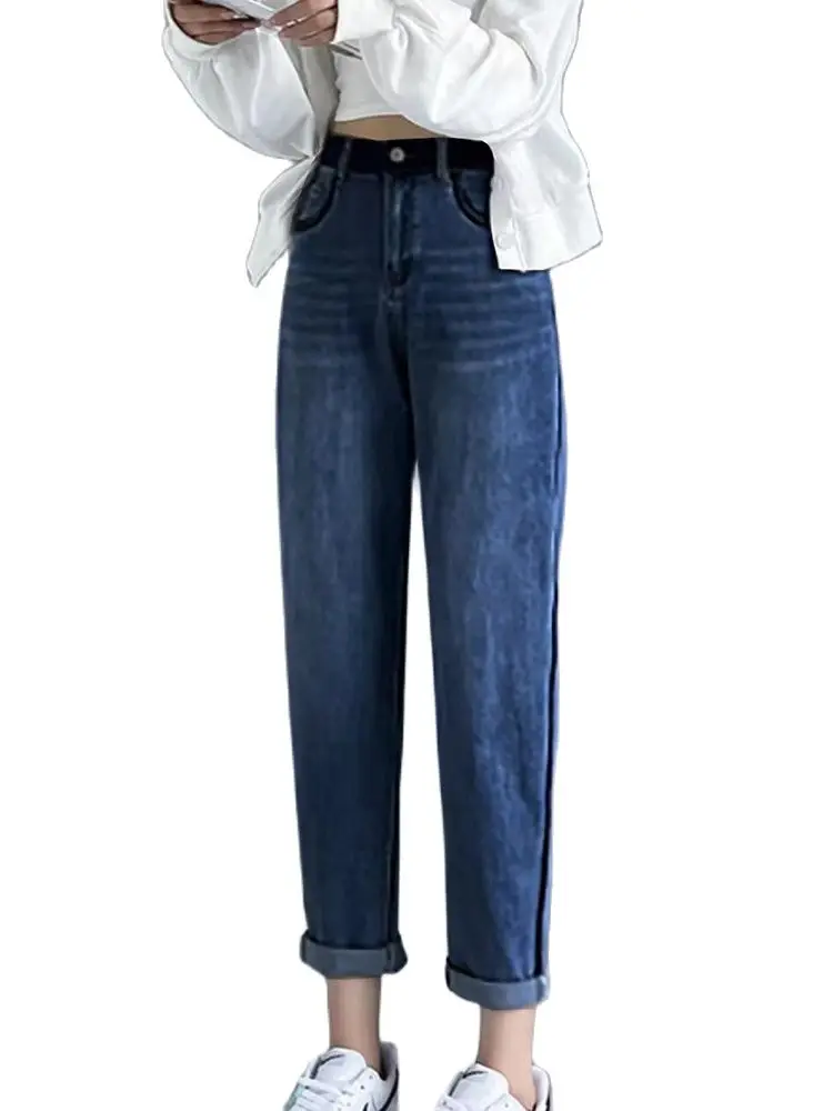 

Повседневные джинсы с высокой талией и тонкими контрастными цветами, укороченные брюки Haron, Новинка лета 2022, корейская модная женская одежд...