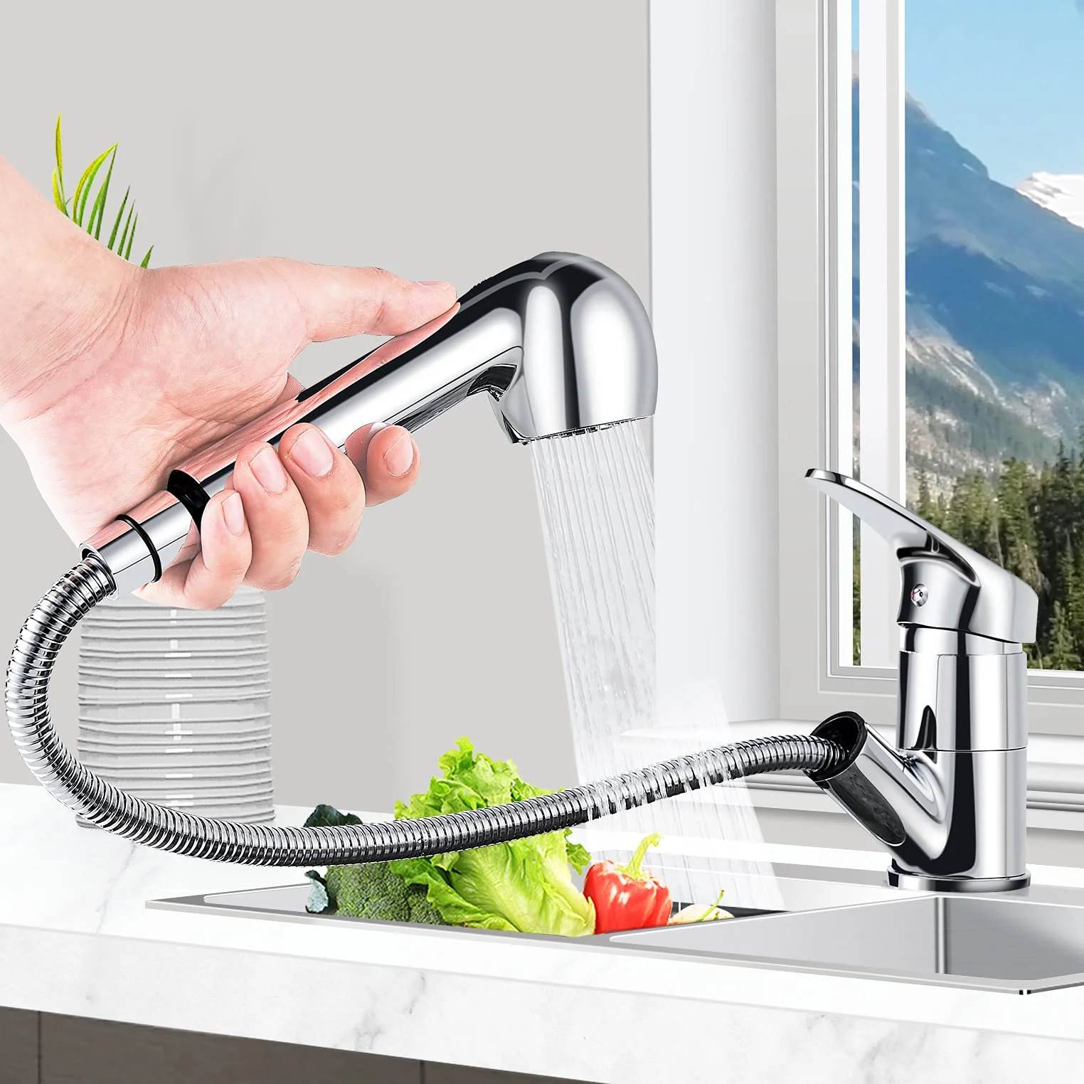 

Kisimixer Kitchen Faucet, Pull Out Kitchen Faucet Tap 360° Swivel Spout Sink Tap with 2 Water Outlet Modes Basin Mixer Tap