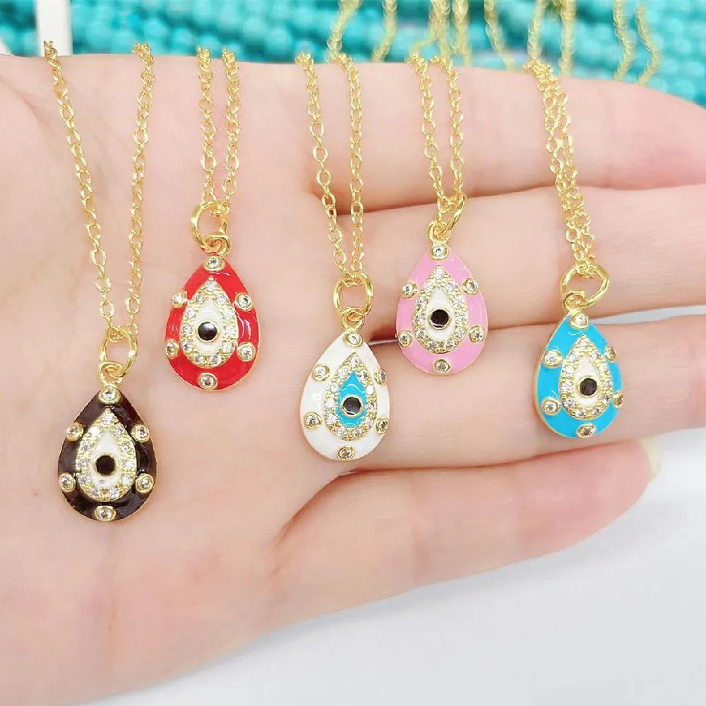 

Copper Inlaid Zircon Geometric Droplet Pendant Necklaces Bohemian Gold Evil Eyes Enamel Oil Drip Fashion Jewelry for Women