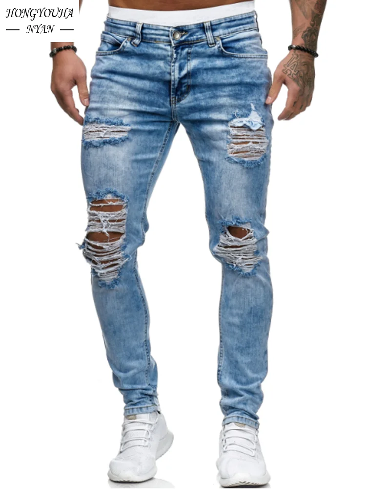 2023 New Mens Ripped Skinny Jeans Blue Slim Fit Hole Pencil Pants Streetwear Trousers High Quality Denim Man Clothing