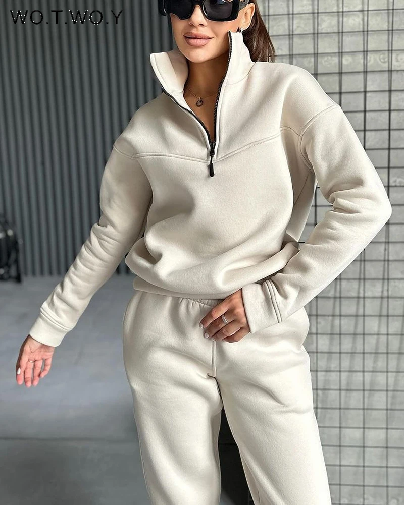 

WOTWOY Solid Casual Pullover and Pants Two Piece Sets Outifits Womens Loose Stand Collar Long Sleeved Ladies Suits 2023 Winter