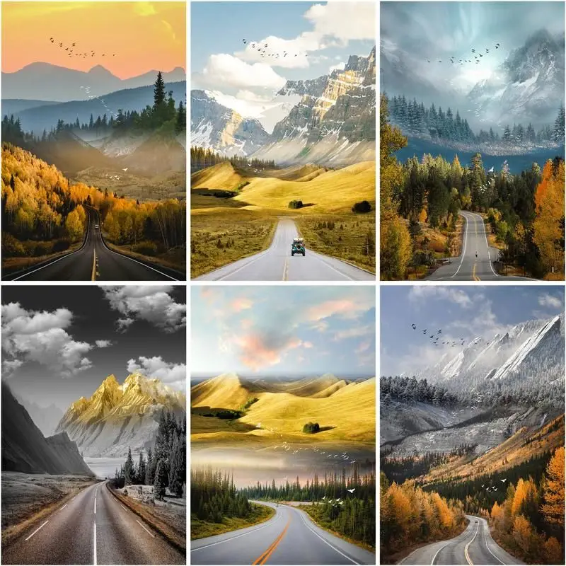 

cross language Oil Painting By Numbers Highway Coloring By Numbers Mountain Landscape Paint Canvas Picture Hand Painted