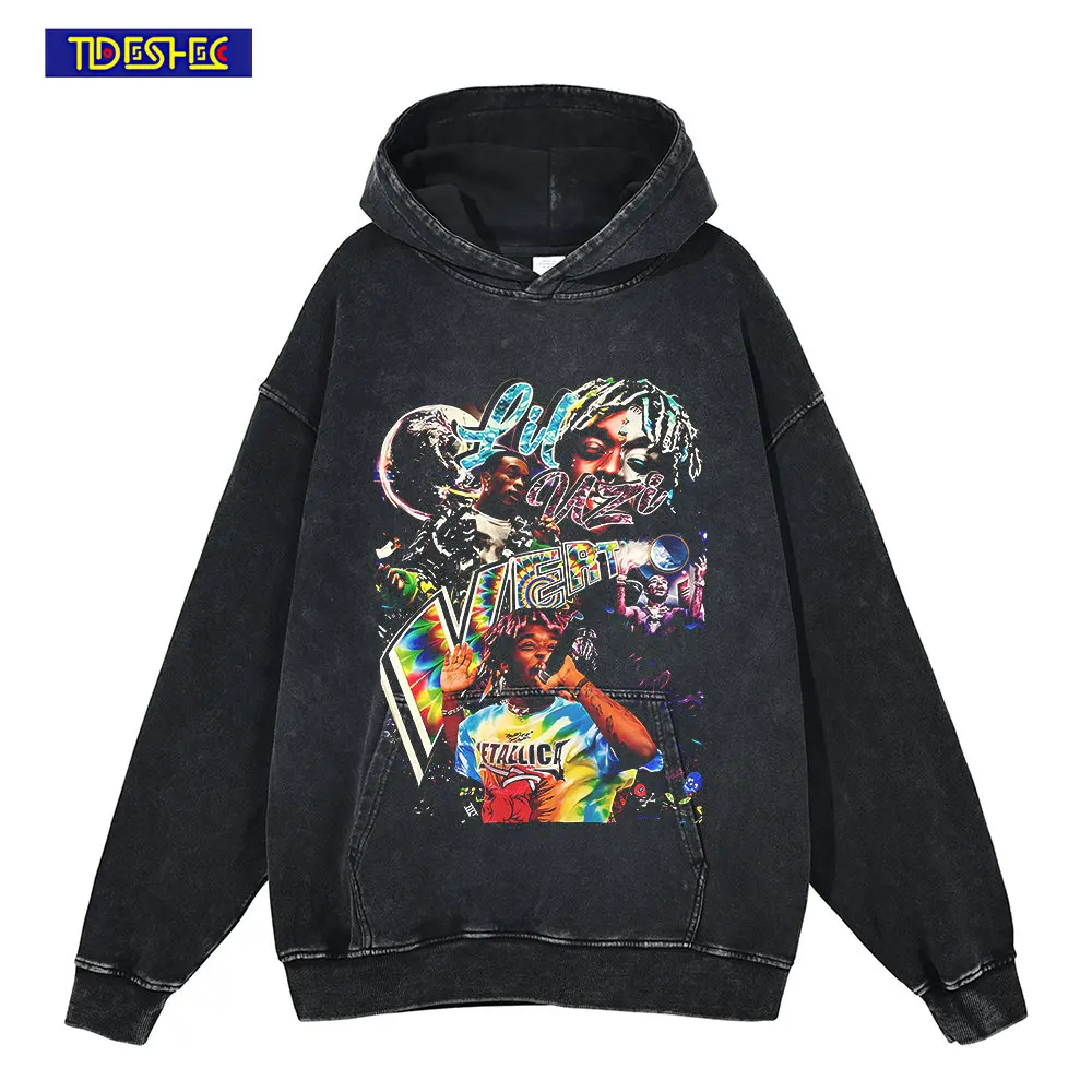 

TIDESHEC Men Pullover Cotton Vintage Rapper Portrait Graphic Hoodie Sweatshirt Washed Hip Hop Streetwear Loose Oversize Hoodies