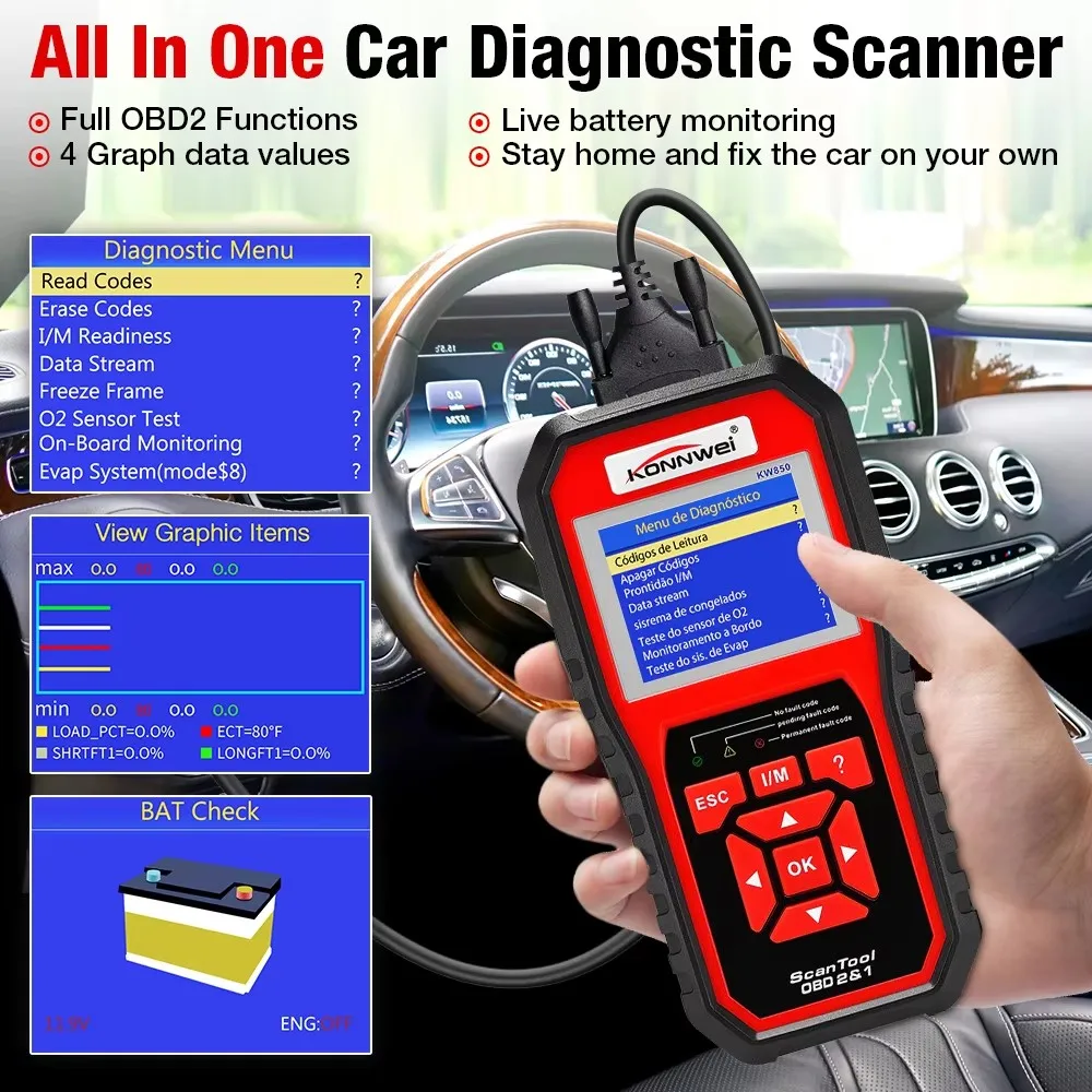 Professional Car OBD2 Scanner Auto Diagnostic Tools KONNWEI KW850 OBD 2 Engine System Check Code Reader DTC Lookup pk ELM327