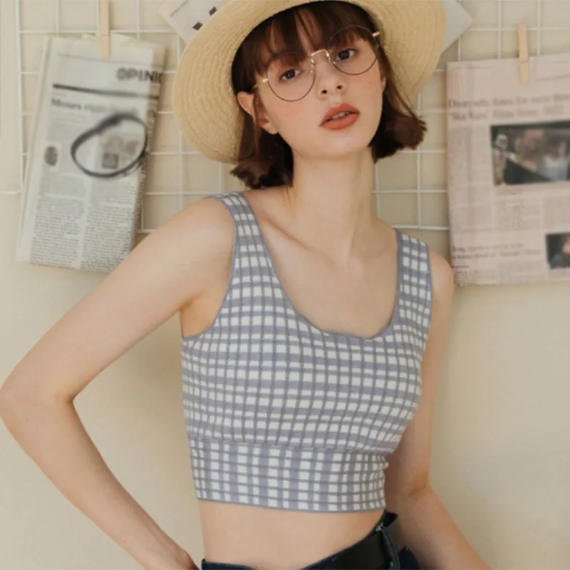 

Sleeveless Tank Top Women Slim Fit Camisole Lightweight Crop Top Pullover Knit Plaid Print Casual Base Shirt