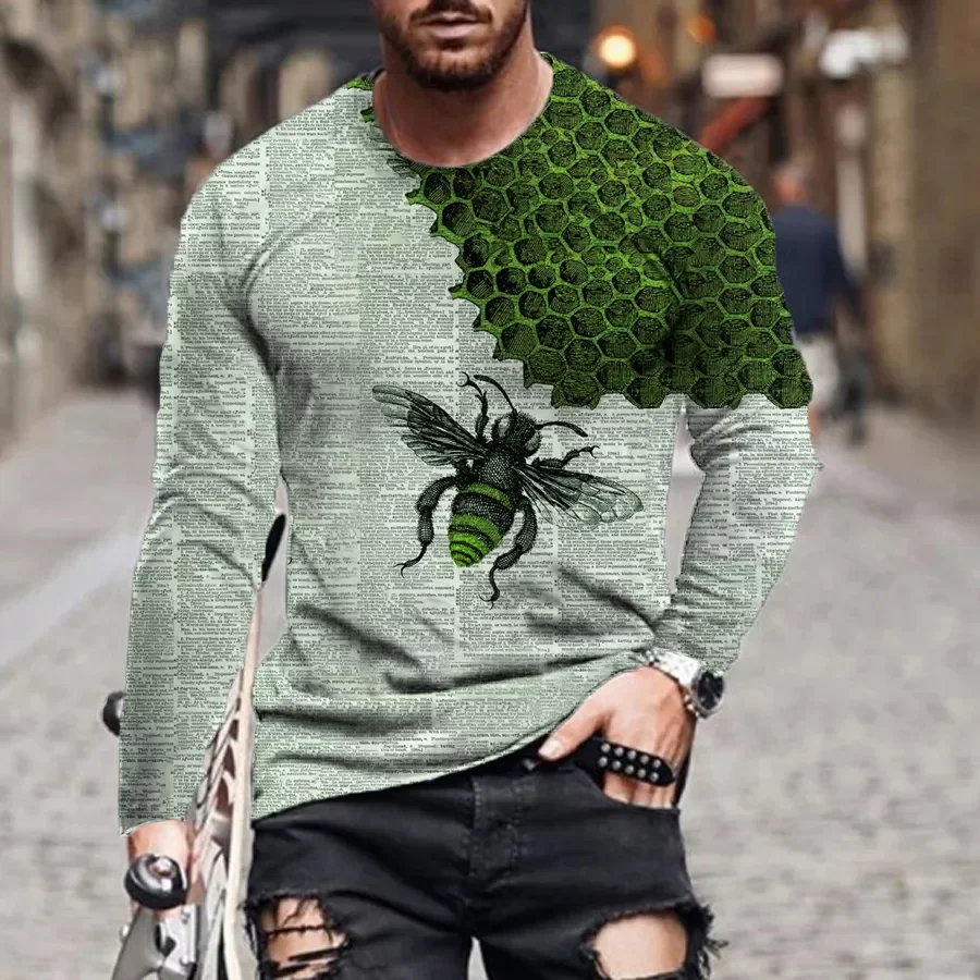 

2023New new European and American summer hip-hop men's 3D t-shirt new cartoon printing bee long-sleeved casual fashion sport