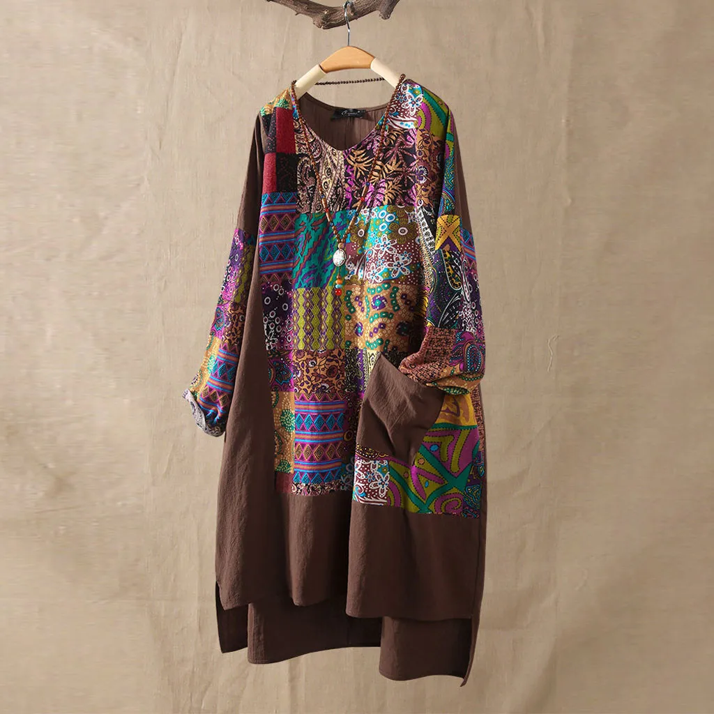 

Vintage Women Floral Linen Blouse Long Sleeve Print Brown Shirts Top Woman Casual Tops