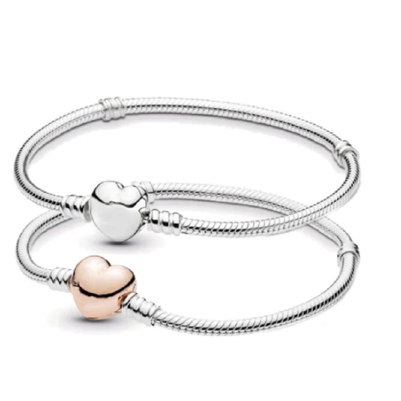 

2022 New Original 925 Sterling Silver Snake Chain Bracelet Secure Heart Clasp Beads Charms Bracelet for Women DIY Jewelry Making