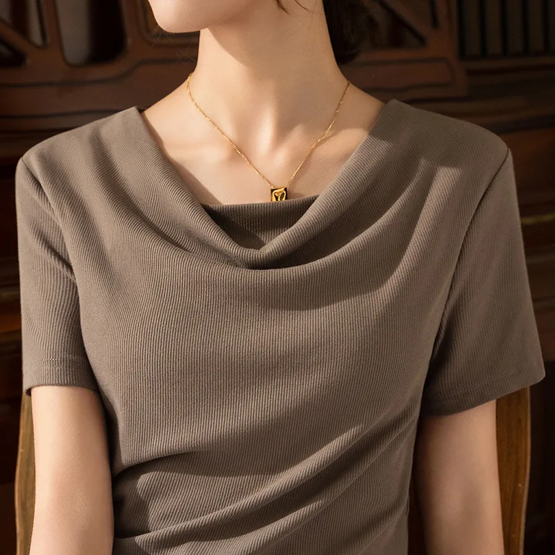

Short sleeved t-shirt for women 2023 European women's clothing new fashion slush collar solid color pleated waist elastic top
