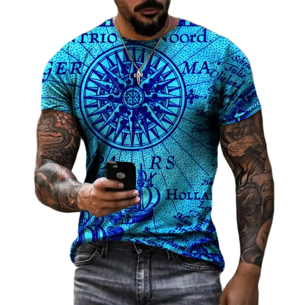 

Navigation Compass Men's 3D Printed T-shirt Round Neck Short Sleeve Clothing Street Loose Avant-garde Casual Round Neck Top