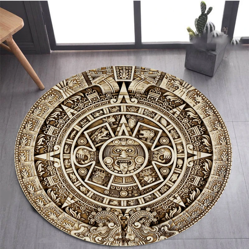 

Maya calendar printed circular carpet of ancient Aztecs ethnic tribes, living room and bedroom decorative floor mats, chair mats