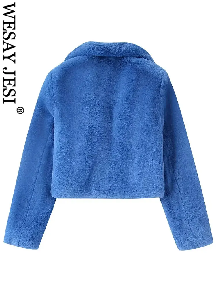 WESAY JESI Women's Winter Clothing Blue Faux Fur Lapel Cropped Jacket Long Sleeve Warm Loose Coats Female Casual Chic Outerwear
