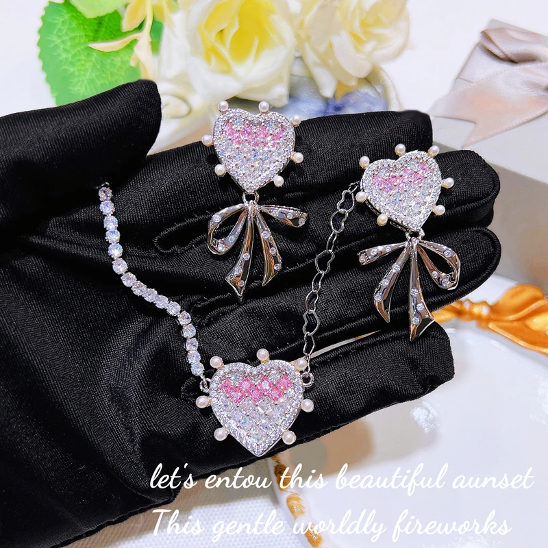 

Charm Heart Jewelry Set Inlay Shine Small Zircon Luxury Pearl Pendant Neckalce/Drop Earrings For Women Wedding Engagement Gifts