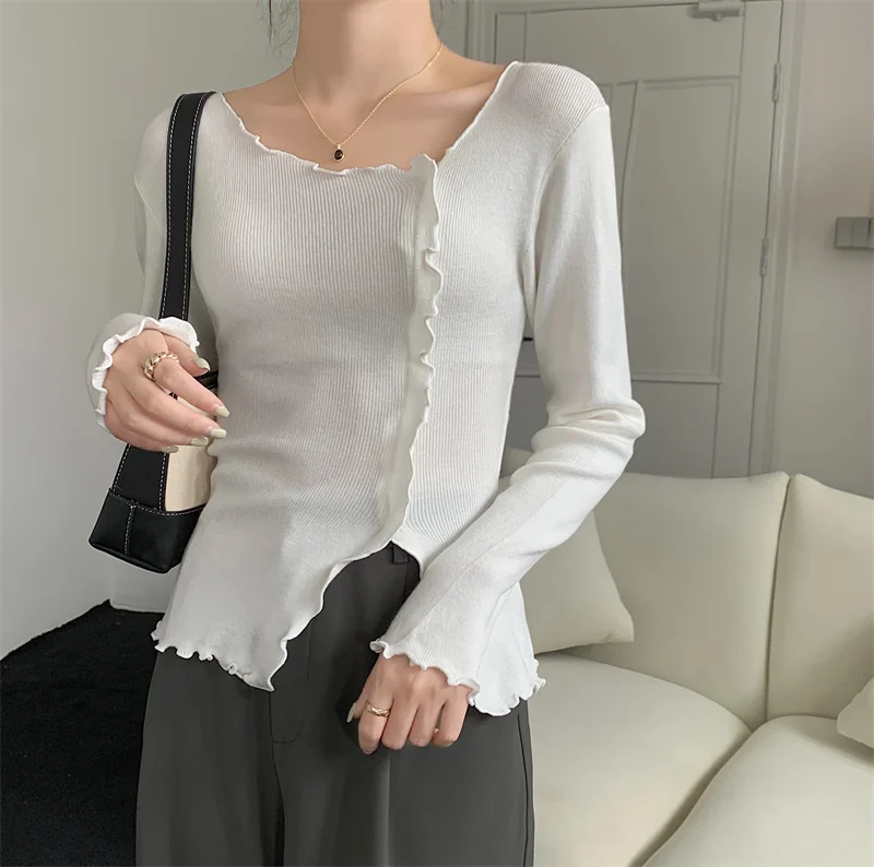 Офисные женские кавайные Лепестковые кружевные дизайнерские облегающие вязаные