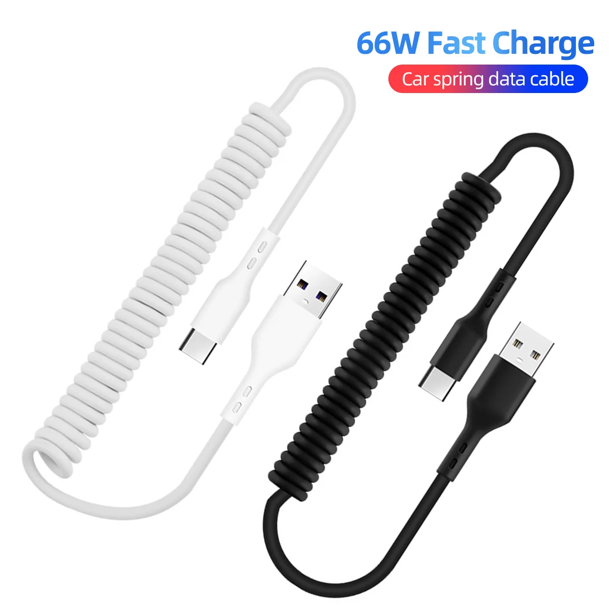 

USB Type C Cable Retractable Car Spring 66W for Huawei Xiaomi Samsung S10 9 OnePlus Super Quick Charge Tipo C Charger Data Cord