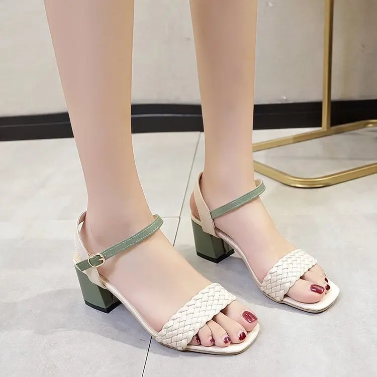 

Women Sandals Female Square High Heels PU Leather Sandals Open Toe Lady New Summer Shoes Solid Soft Comfort Buckle Strap Sandals