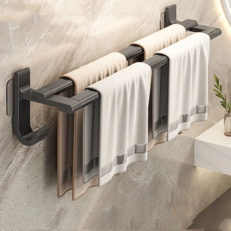 

Punch-free Towel Rack Home Patch Double Bars Black Space Aluminum Wall Self Adhesive Clothes Holder Bathroom Hanger Accessories