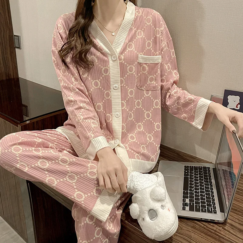 

Spring and autumn new cardigan women's pajamas casual loose large V-neck home clothes can be worn outside women pajamas's Women'