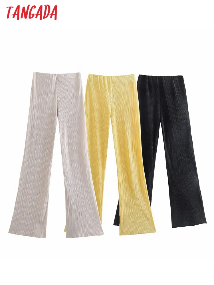 

Tangada Women Solid Pleated Pants Trousers Vintage Style Strethy Waist Lady Pants Pantalon 4M149
