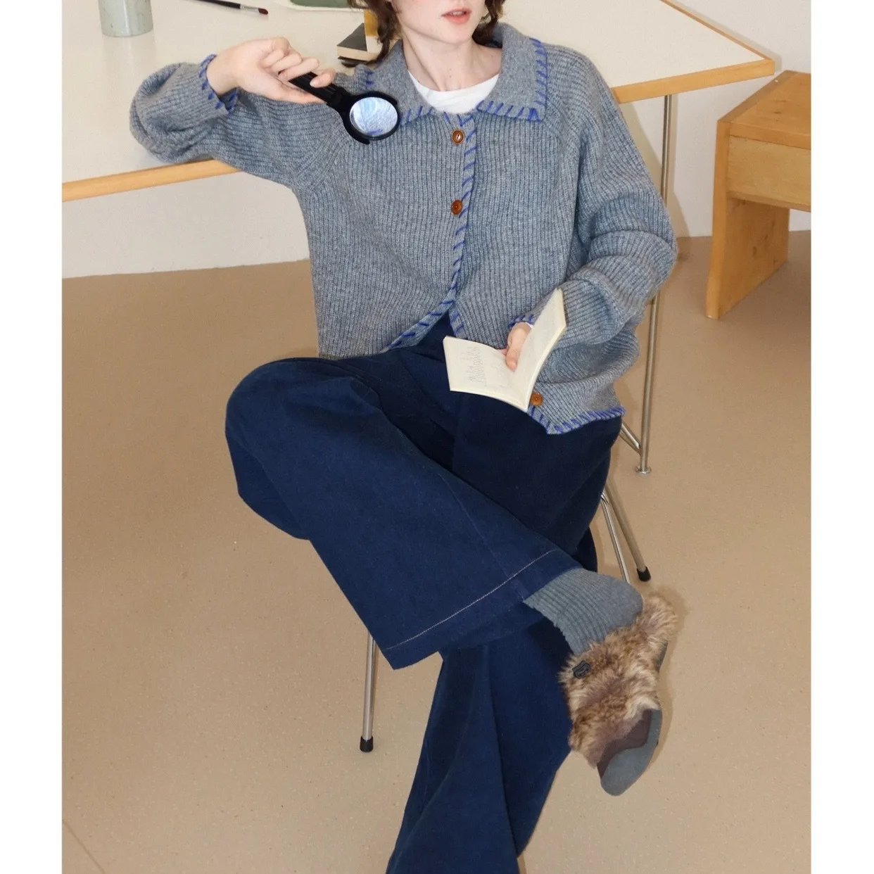 UMI MAO вязаная куртка Исландия синий 650 г высокий вес ручной работы контраст 100