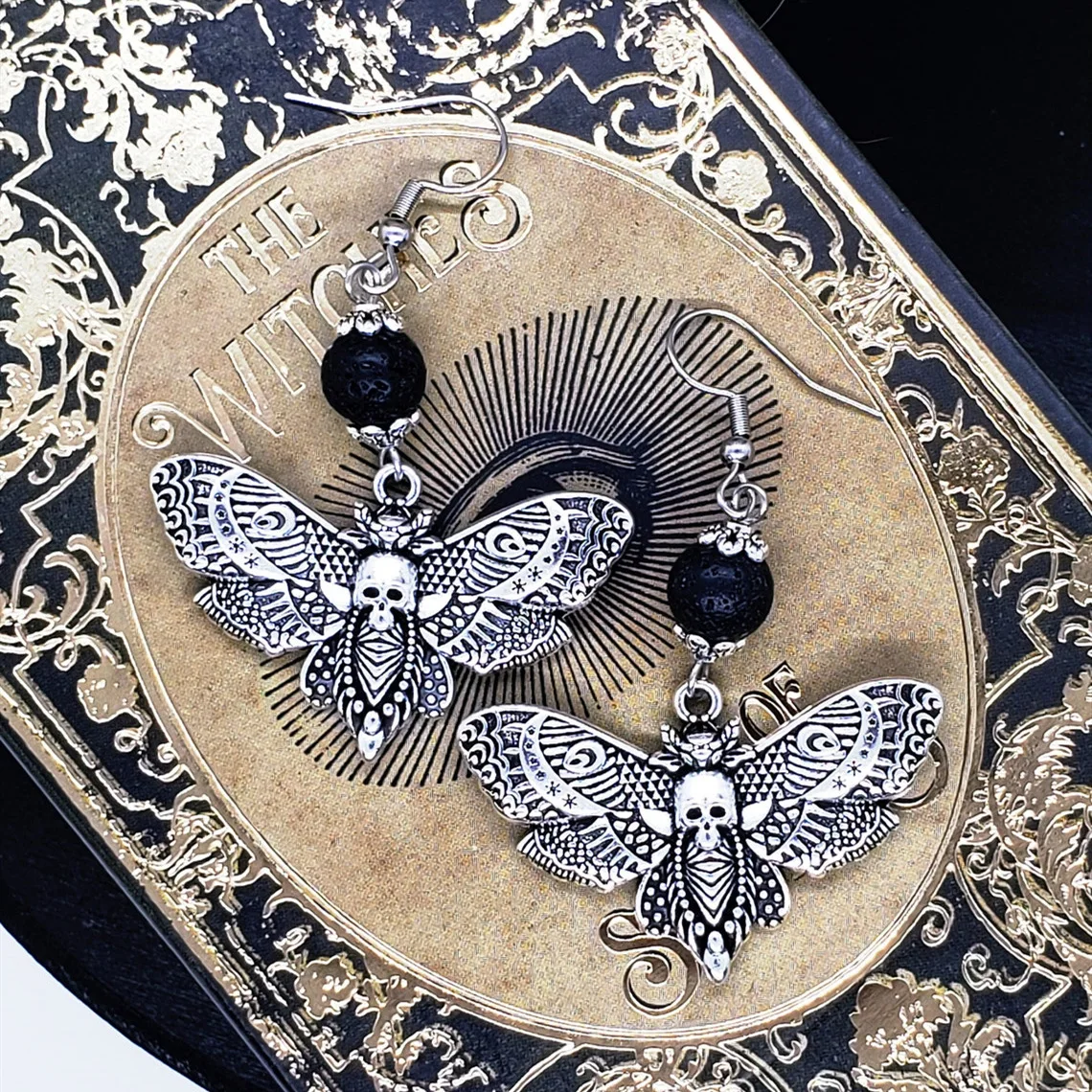 

Gothic Skull Moth Charm Earrings For Women Fashion witch Jewelry Accessories Gift Black Beads Vintage Moth Pendant Ear Hooks
