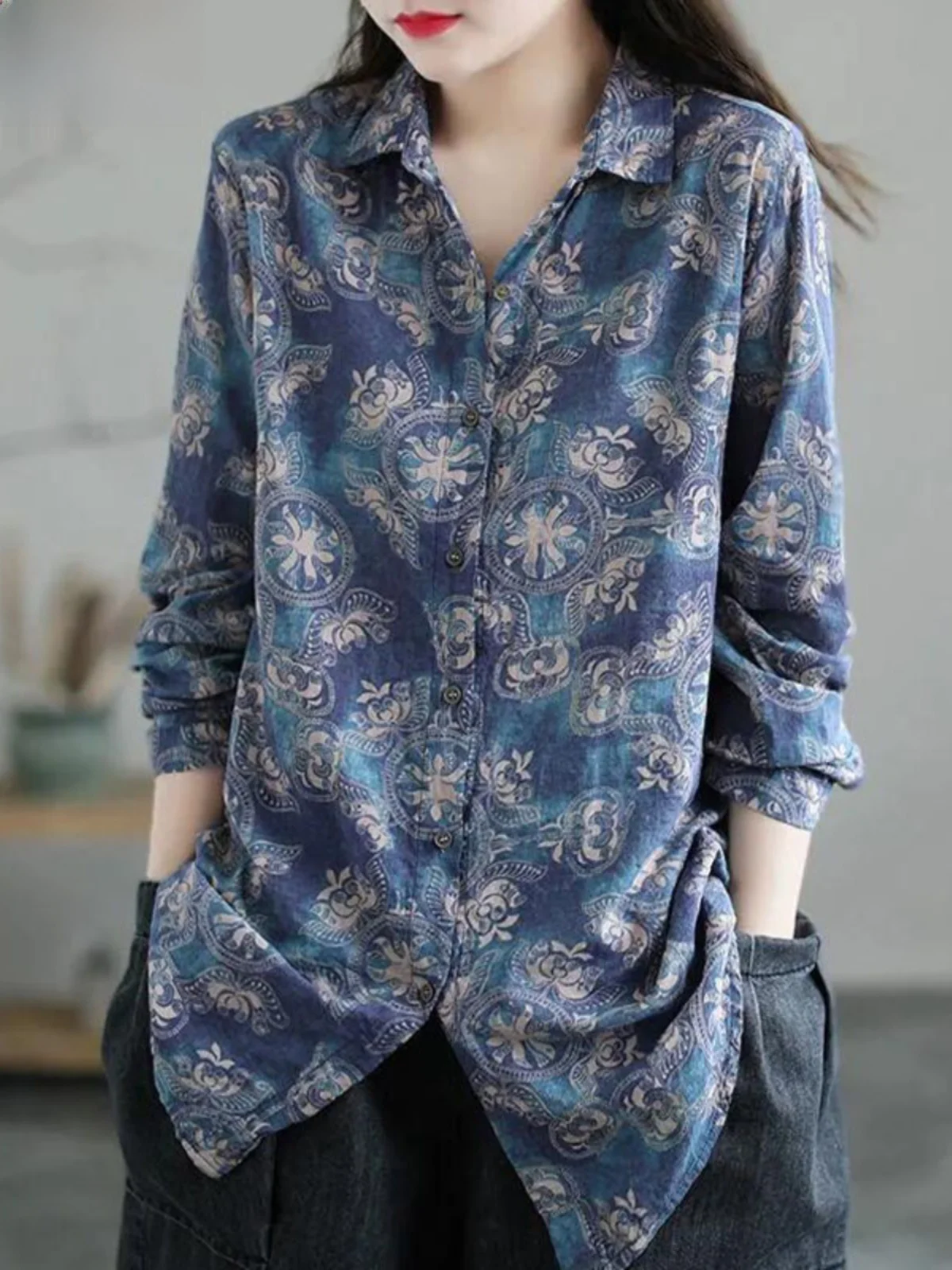 Рубашки с цветочным принтом женская одежда 2024 весна и осень новый свободный