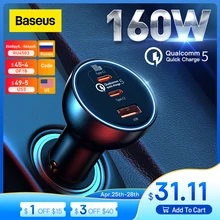 Baseus 160W Car Charger QC 5.0 Quick Charging PPS PD3.0 Fast USB Type C Car Phone Charge For iPhone 13 12 Pro Laptops Tablets