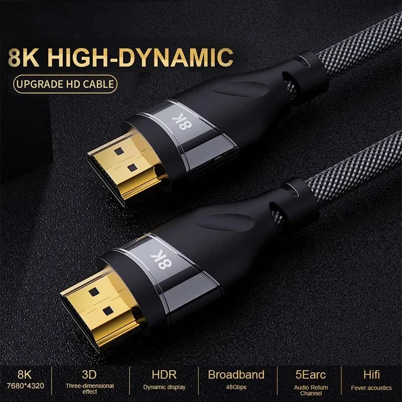 Фото Высокоскоростной кабель HD 48 Гбит/с 8K @ 60 Гц 4K 120 HDMI-совместимый 2 1 с плетеным шнуром