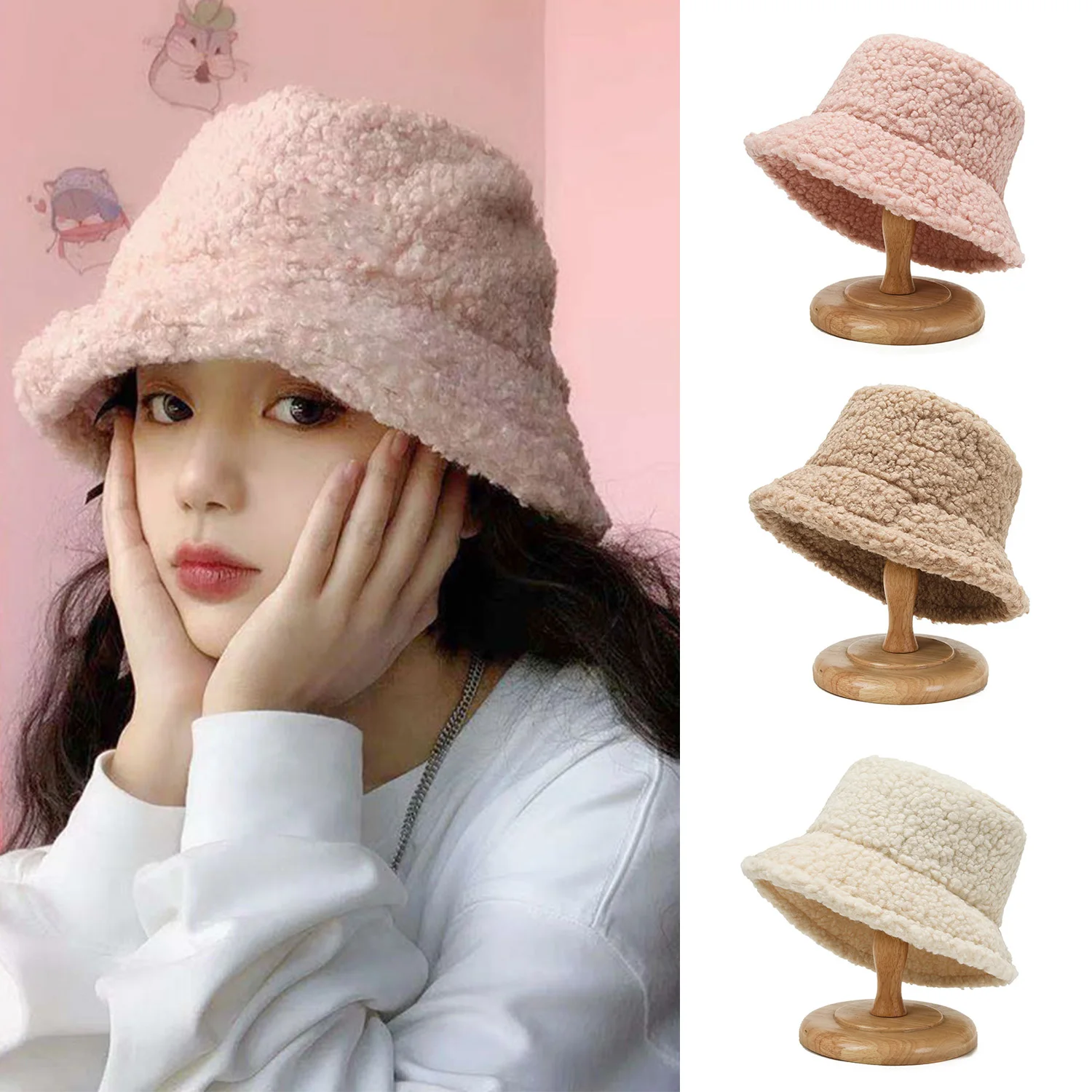 

Harajuku Bucket Hat Women Solid Color Fishing Fisherman Hat Autumn Winter Lamb Wool Outdoor Warm Panama Cap For Men 2022 Fashion