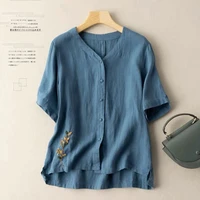 fashion top for women 2022 v neck short sleeve cotton linen shirt large size causal loose summer blouses embroideried blusas