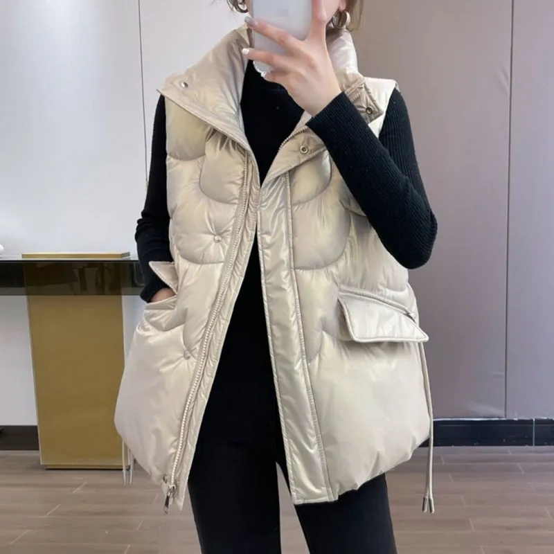 

Women Winter Sick Quilted Vest Coats Shiny Fabric Stand Collar Tilt Zipper Closed Female Sleeveless Warm Jacket Clothing