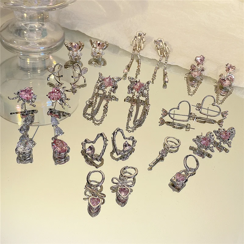 New Harajuku Vintage Goth Pink Peach Heart Drop Earrings For Women Grunge Punk Halloween Aesthetic Y2k Fairy Jewelry