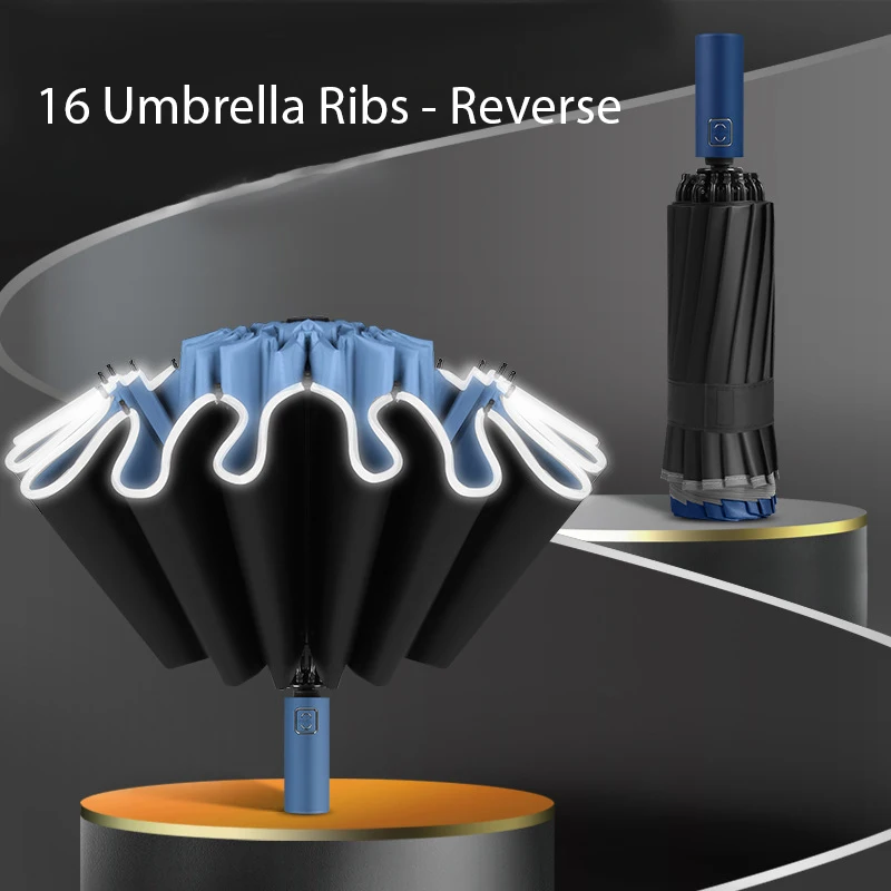 

Обратный Зонт усиленный, 16 ребер, ветрозащитный, анти-УФ, солнечный и дождевой Зонт двойного назначения, автоматический зонт с ночной светоотражающей полосой