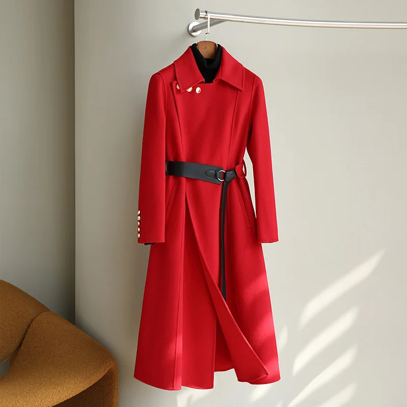 

Красное двустороннее кашемировое пальто для женщин, Осеннее новое шерстяное пальто, Ветровка из цельной шерстяной ткани