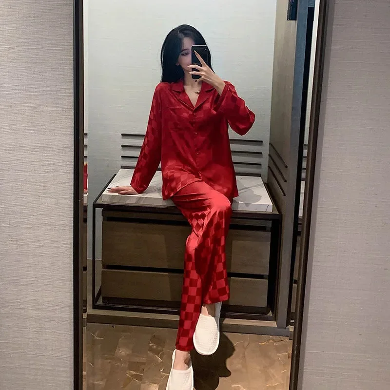 Spring and Autumn Pajamas Women's Ice Silk Long Sleeve Two Piece Set 2023 New Thin Simulated Home Wear
