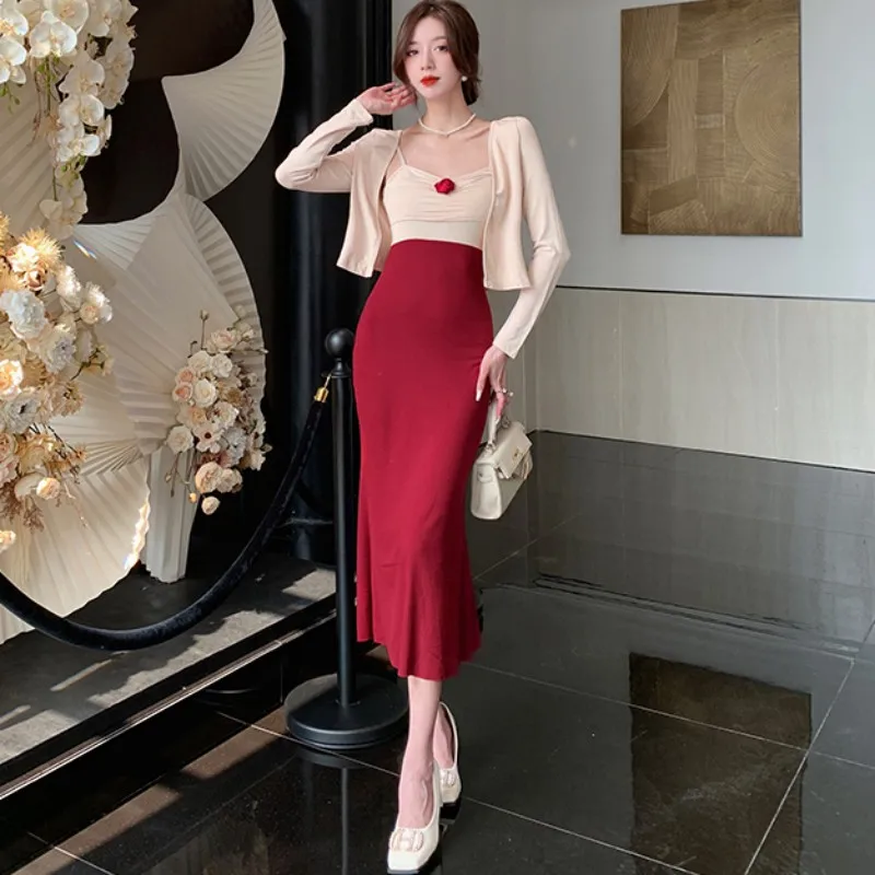 

2023 New Summer Camisole Dress Retro Temperament Wrap One's Buttocks Socket Flat Collar Commute Free Shipping