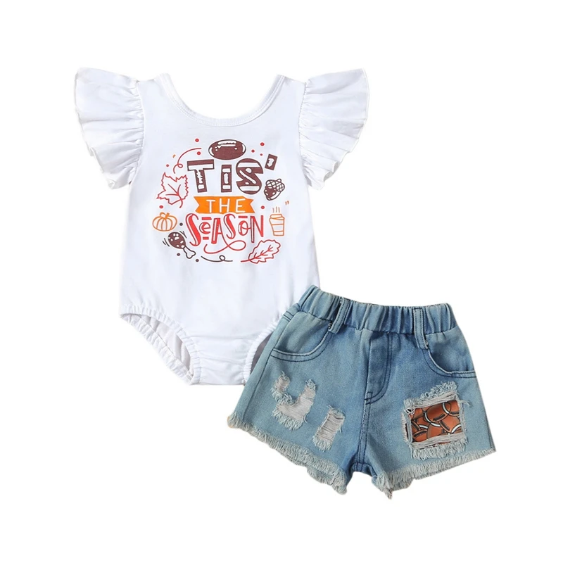 

Комплект из 2 предметов для маленьких девочек, комбинезоны с надписью для регби и повседневные рваные джинсовые шорты, Летний комбинезон