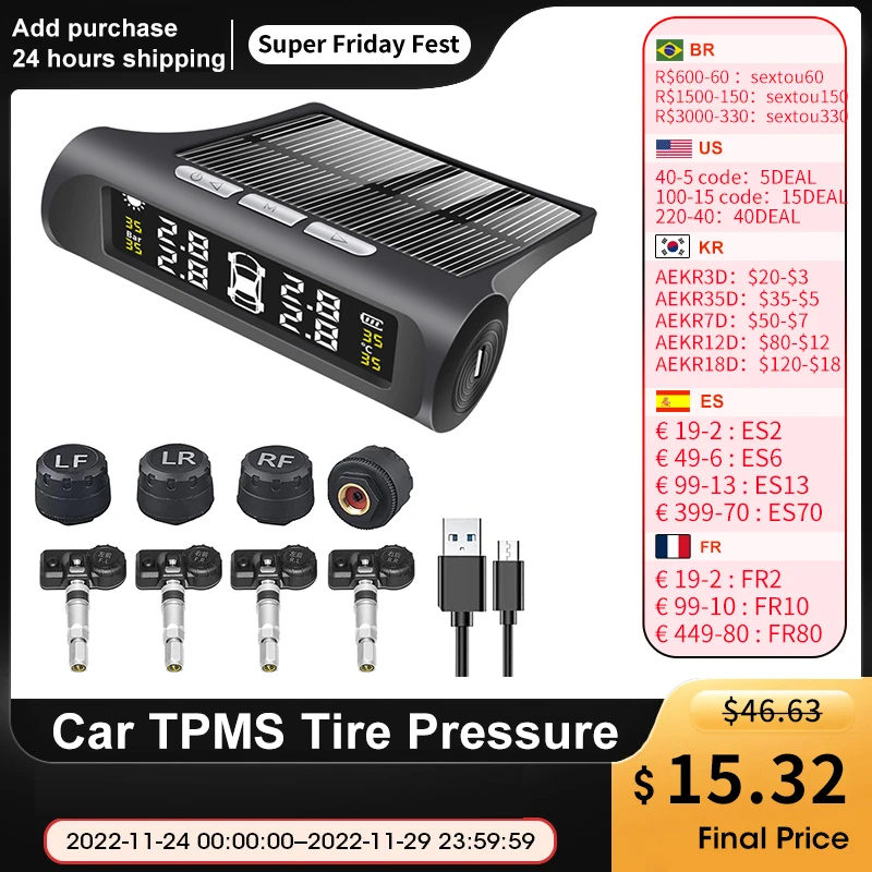Car TPMS Tire Pressure Monitoring System Solar Power Digital