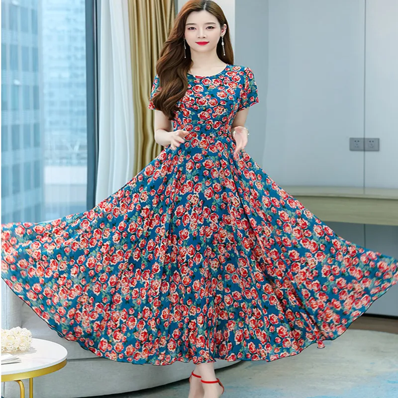 

Women Dress Chiffon Floral Vestido Boho Summer 2022 Round Collar Short Sleeve Slim Beach Long Dresses