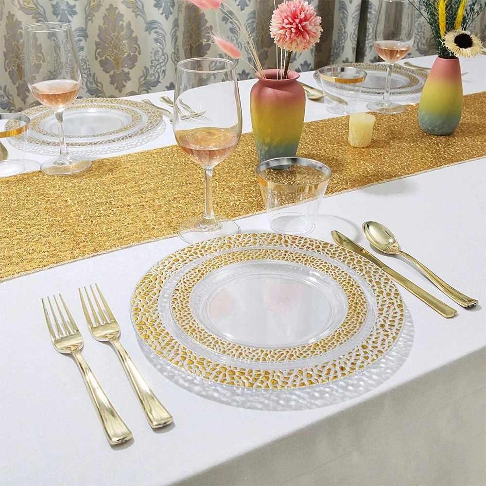 

Disposable Cutlery Set Clear Gold Geometric Plastic Plate with Gold Glitter Handle Silverware Cup Napkins Wedding Party Supplies