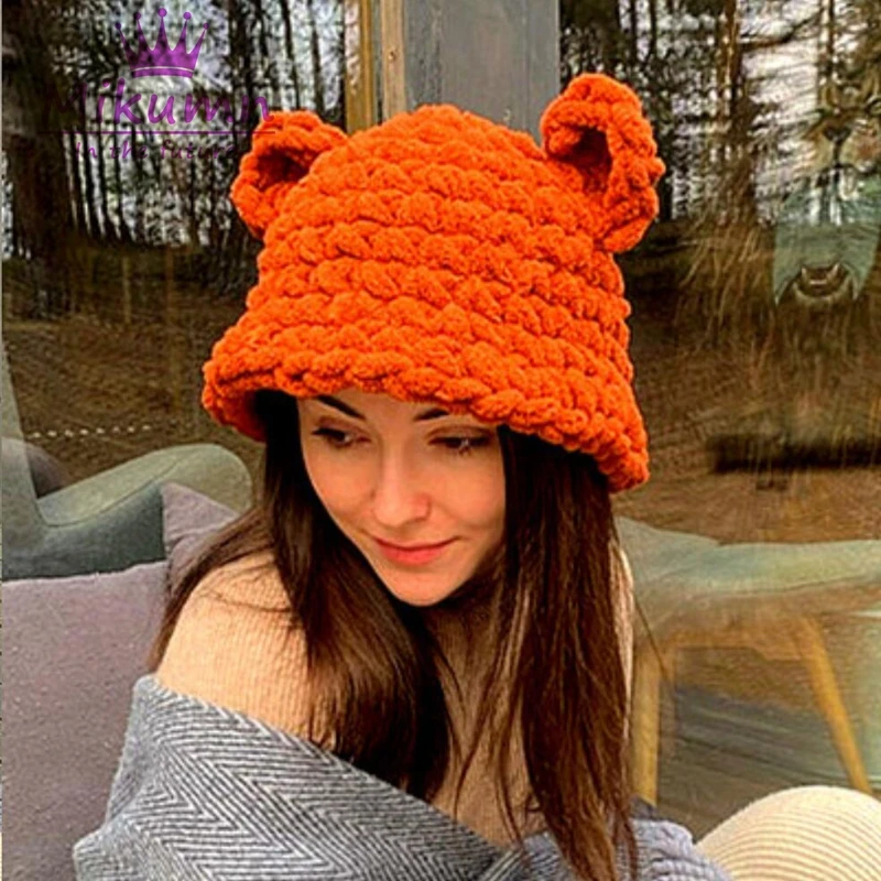 

Winter Fashion Bucket Hat For Women Girls Cute Bear Ear Fisherman Hat Soft Warm Thick Basin Hat